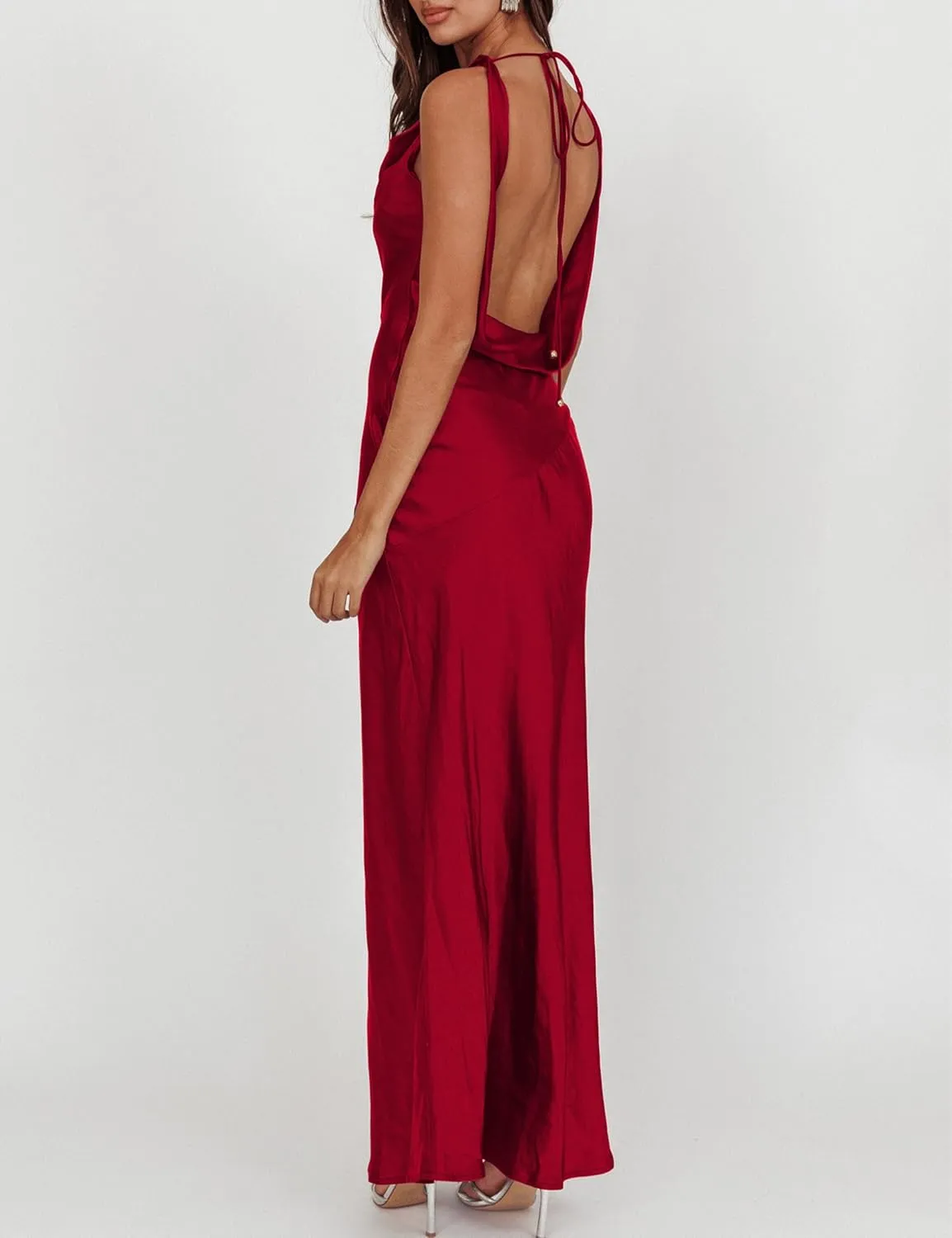 Satin Cowl Neck Sleeveless Backless Maxi Wedding Guest Dress Silk Open Back Tie Back Prom Formal Dresses for Women 2025