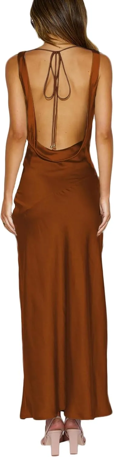 Satin Cowl Neck Sleeveless Backless Maxi Wedding Guest Dress Silk Open Back Tie Back Prom Formal Dresses for Women 2025