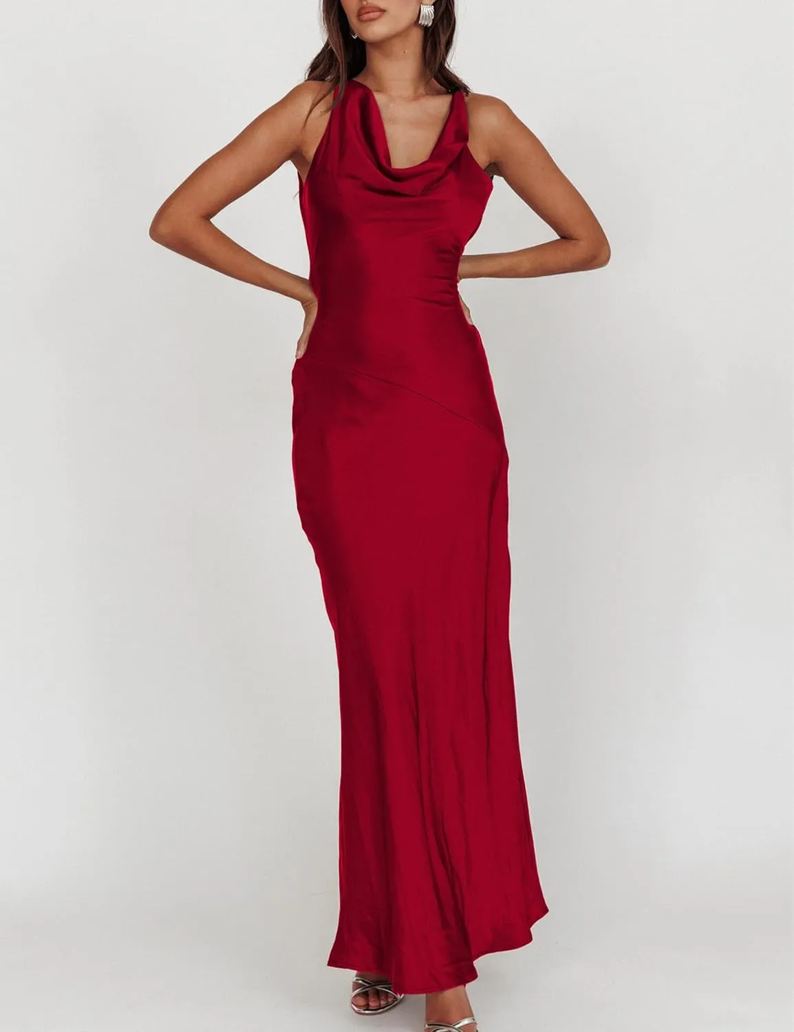 Satin Cowl Neck Sleeveless Backless Maxi Wedding Guest Dress Silk Open Back Tie Back Prom Formal Dresses for Women 2025