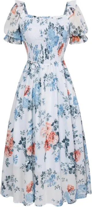 Scarlet Darkness Women's Cottagecore Dress Puff Sleeve Square Neck Flowy Smocked Maxi Dress