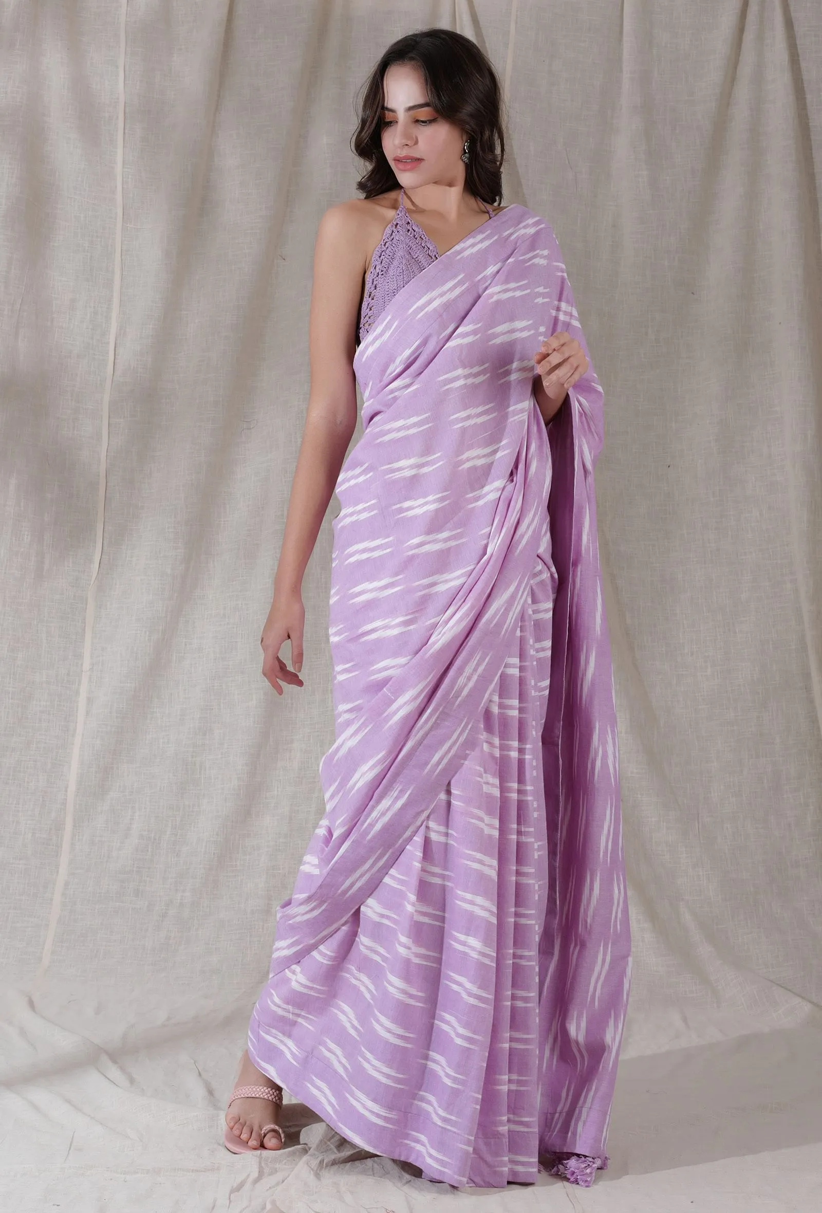 Set of 2- Lilac purple handmade crochia backless bralette crop top blouse with cotton ikkat saree