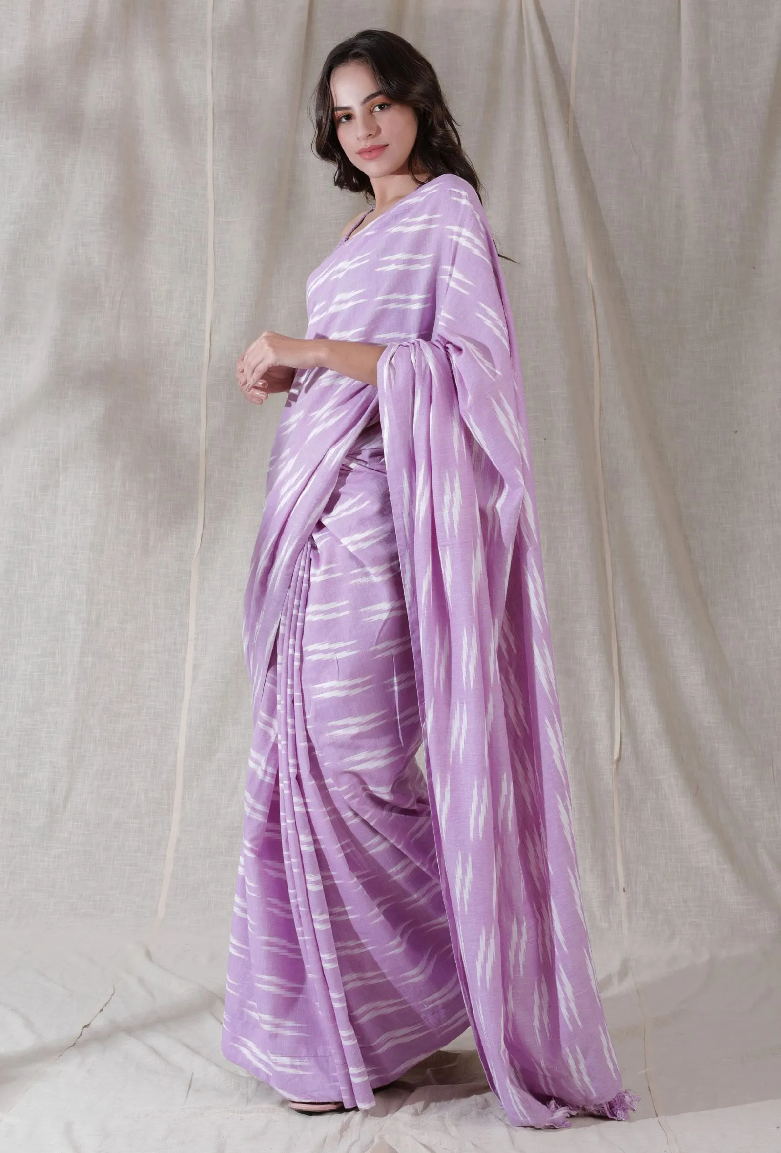 Set of 2- Lilac purple handmade crochia backless bralette crop top blouse with cotton ikkat saree
