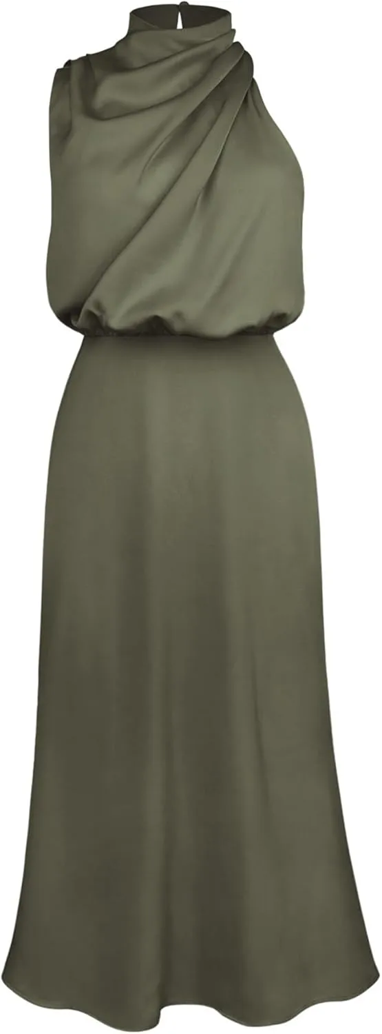 Sexyshine Women's Elegant Halter Tie Neck Sleeveless Satin Long Dress Backless Split Cocktail Party Formal Wedding Maxi Dress