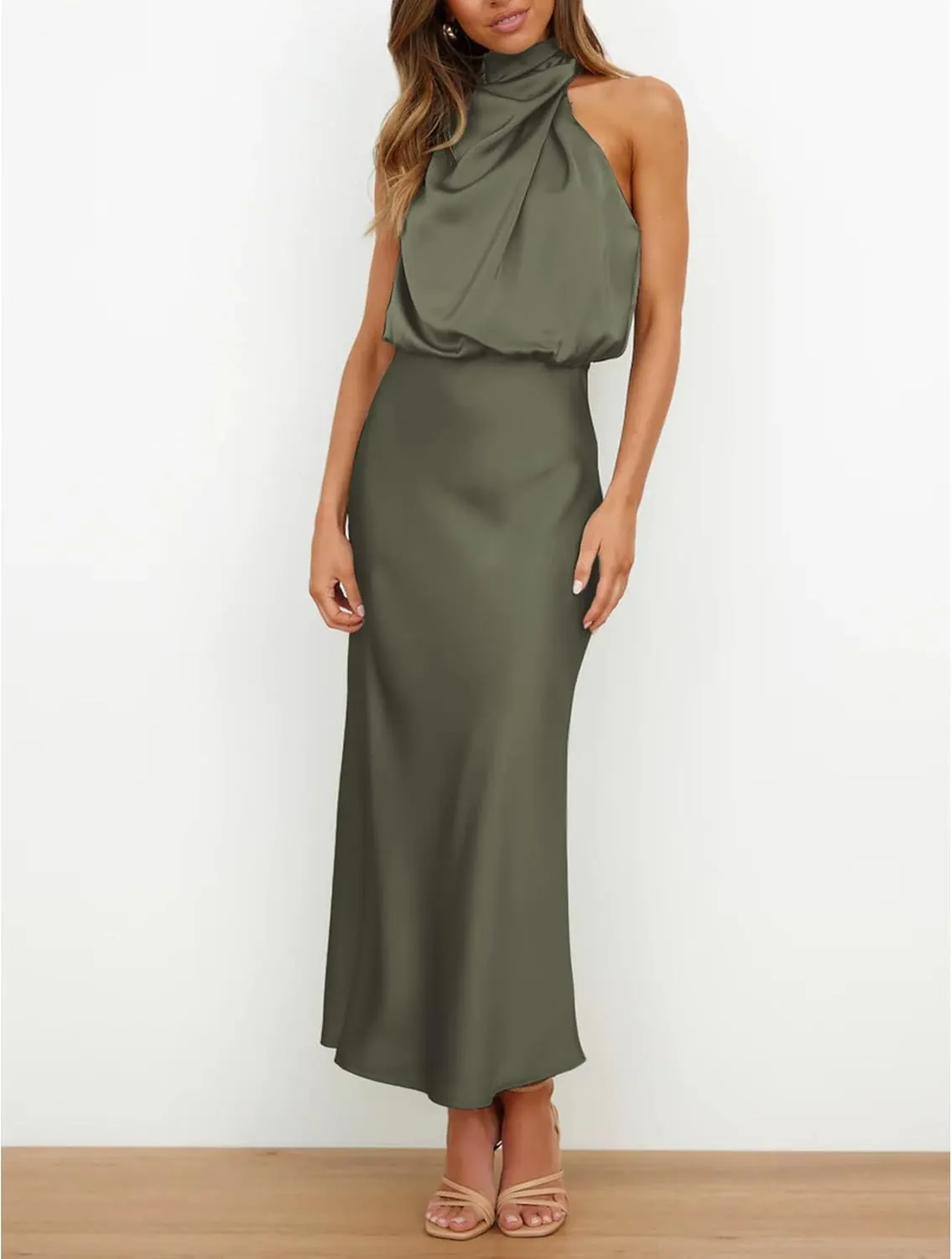 Sexyshine Women's Elegant Halter Tie Neck Sleeveless Satin Long Dress Backless Split Cocktail Party Formal Wedding Maxi Dress