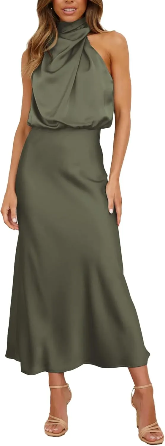 Sexyshine Women's Elegant Halter Tie Neck Sleeveless Satin Long Dress Backless Split Cocktail Party Formal Wedding Maxi Dress