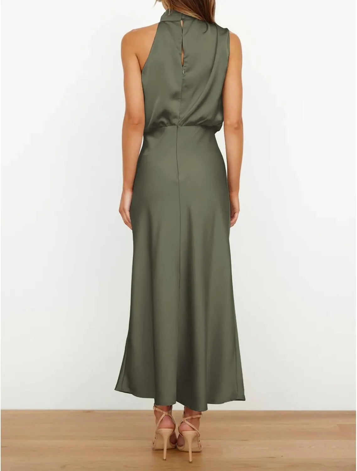 Sexyshine Women's Elegant Halter Tie Neck Sleeveless Satin Long Dress Backless Split Cocktail Party Formal Wedding Maxi Dress