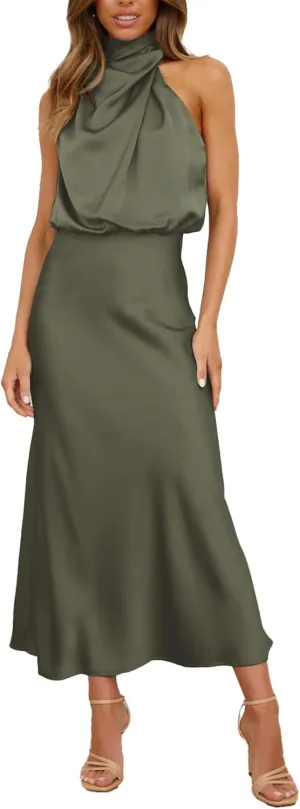 Sexyshine Women's Elegant Halter Tie Neck Sleeveless Satin Long Dress Backless Split Cocktail Party Formal Wedding Maxi Dress