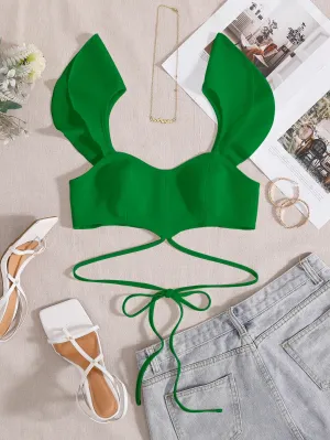 SHEIN VCAY Ruffle Trim Crisscross Tie Back Crop Top