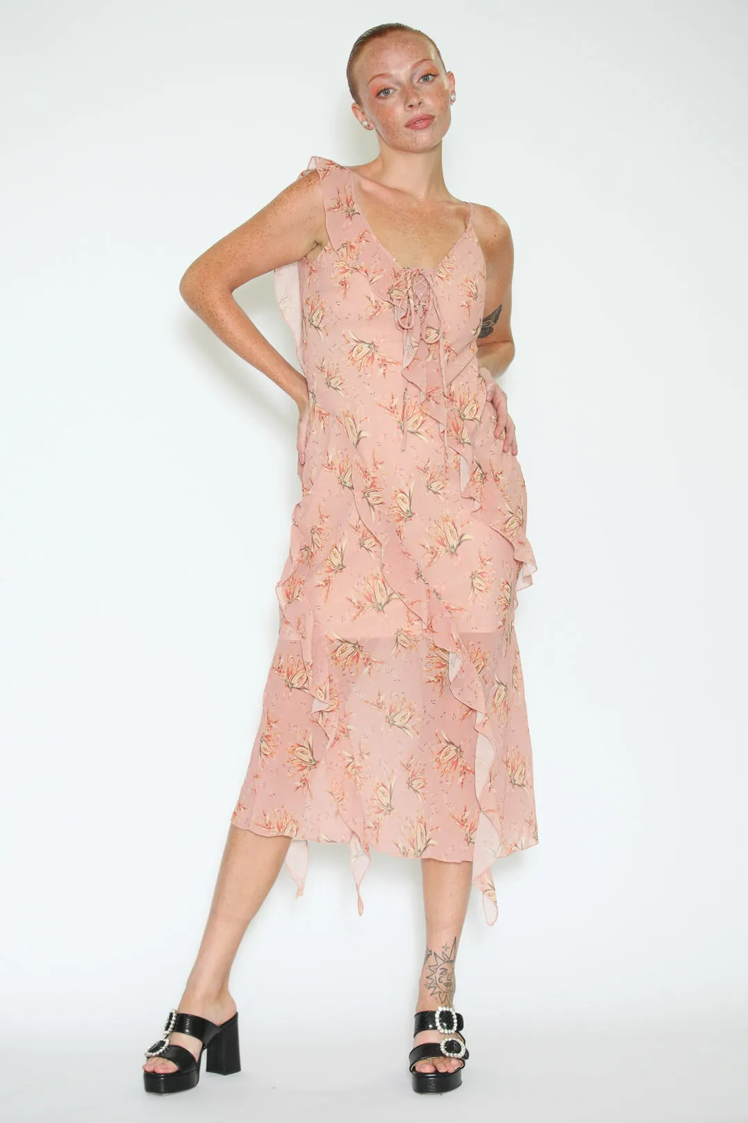 Silk Rose Prints Ruffle Long Dress