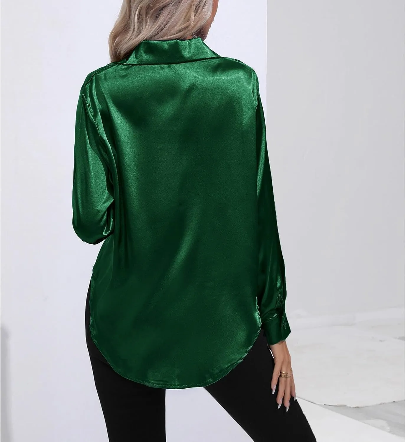 Soft Satin Silk Button Down Shirts for Women Silky Long Sleeve Work Shirt Dress Blouses Tops