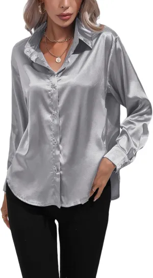 Soft Satin Silk Button Down Shirts for Women Silky Long Sleeve Work Shirt Dress Blouses Tops