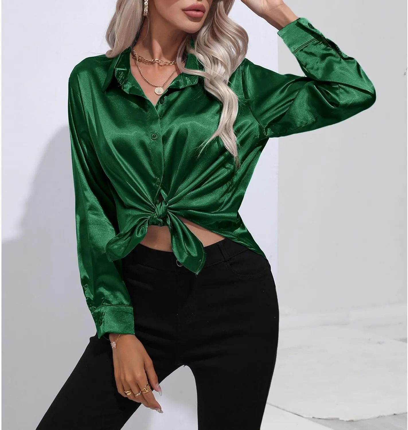 Soft Satin Silk Button Down Shirts for Women Silky Long Sleeve Work Shirt Dress Blouses Tops