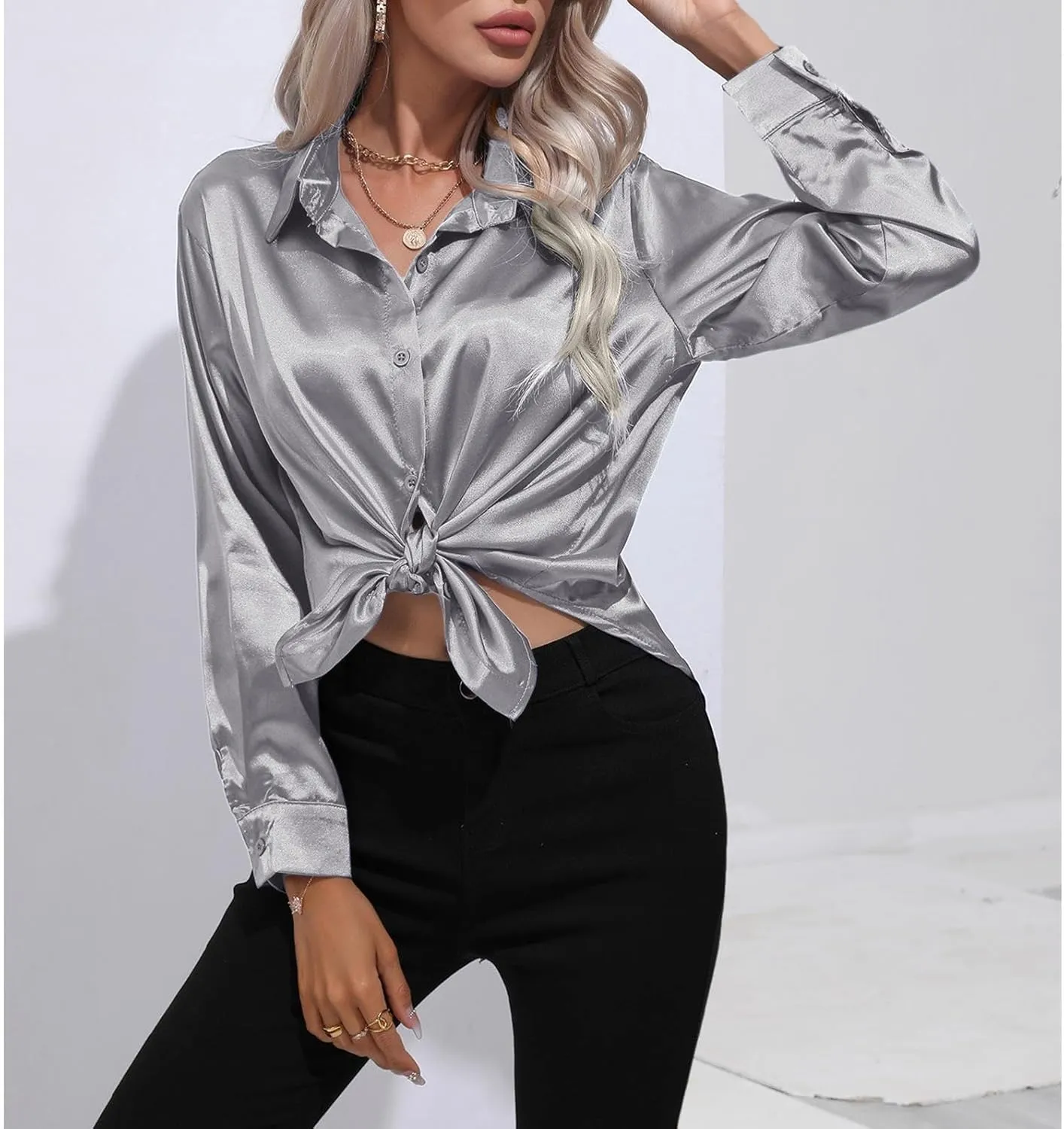 Soft Satin Silk Button Down Shirts for Women Silky Long Sleeve Work Shirt Dress Blouses Tops