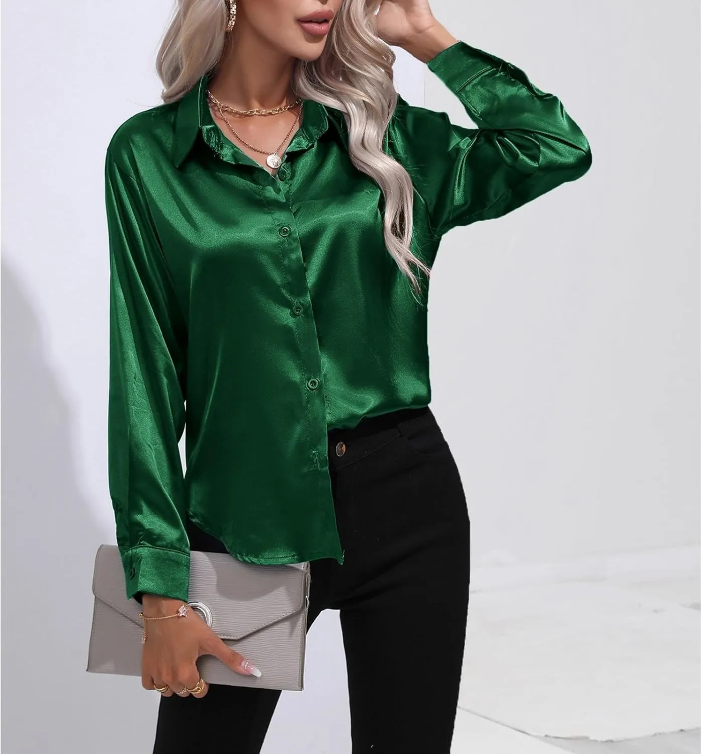 Soft Satin Silk Button Down Shirts for Women Silky Long Sleeve Work Shirt Dress Blouses Tops