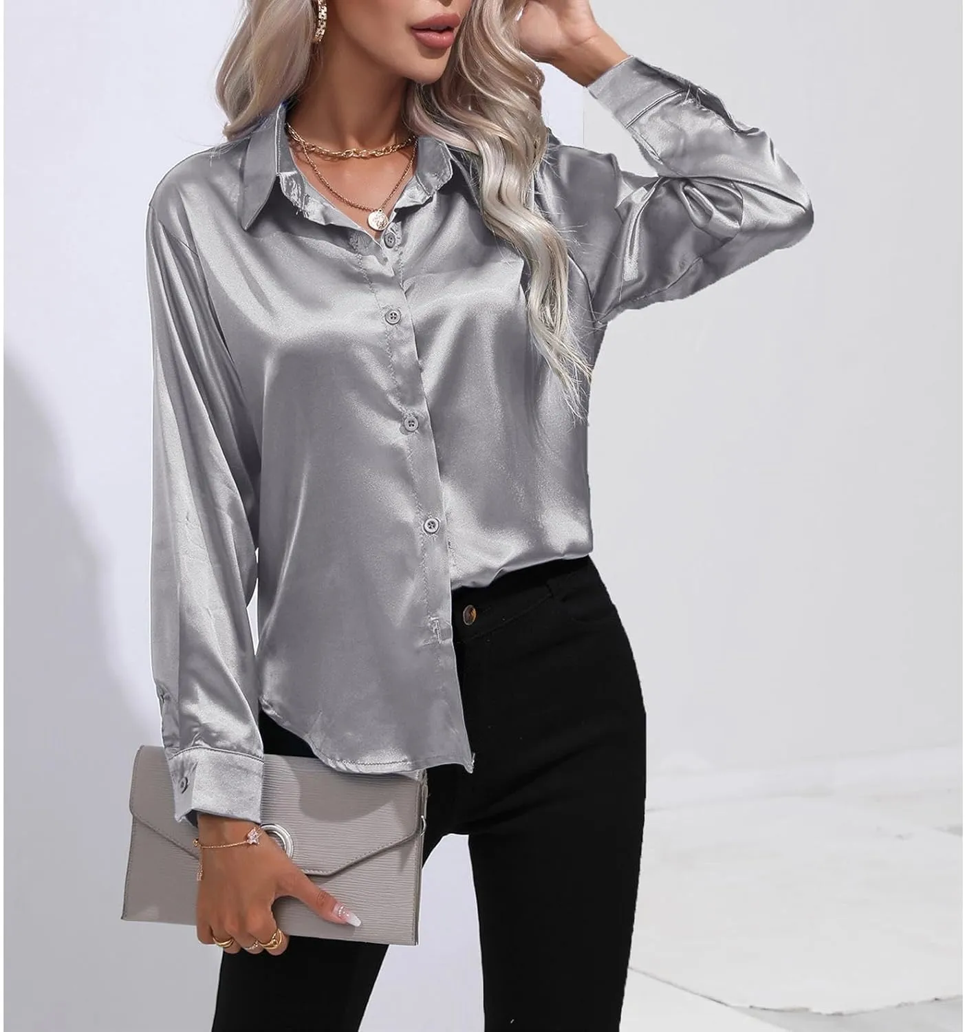 Soft Satin Silk Button Down Shirts for Women Silky Long Sleeve Work Shirt Dress Blouses Tops
