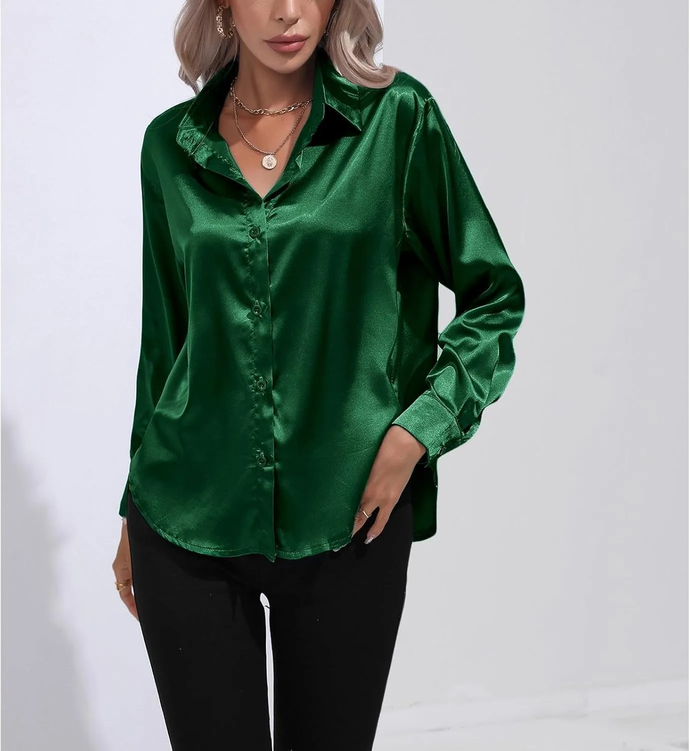 Soft Satin Silk Button Down Shirts for Women Silky Long Sleeve Work Shirt Dress Blouses Tops