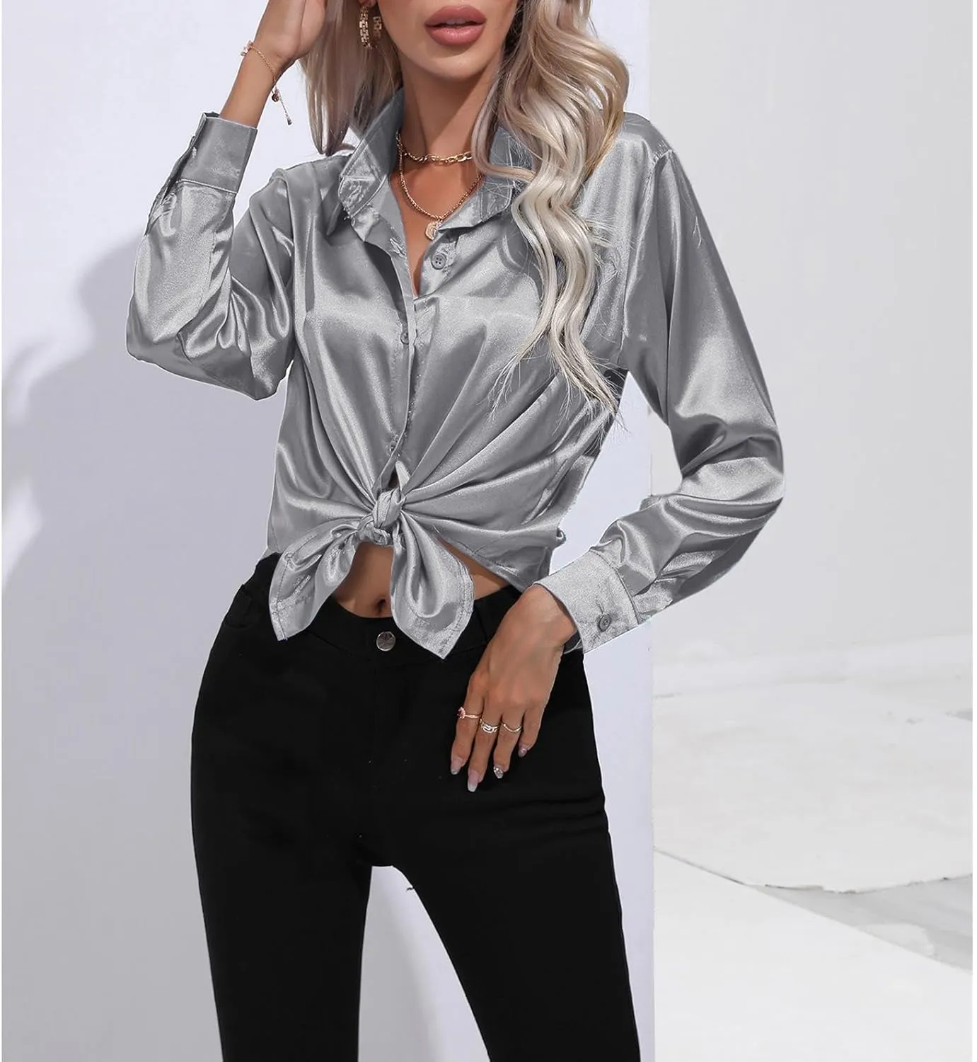 Soft Satin Silk Button Down Shirts for Women Silky Long Sleeve Work Shirt Dress Blouses Tops