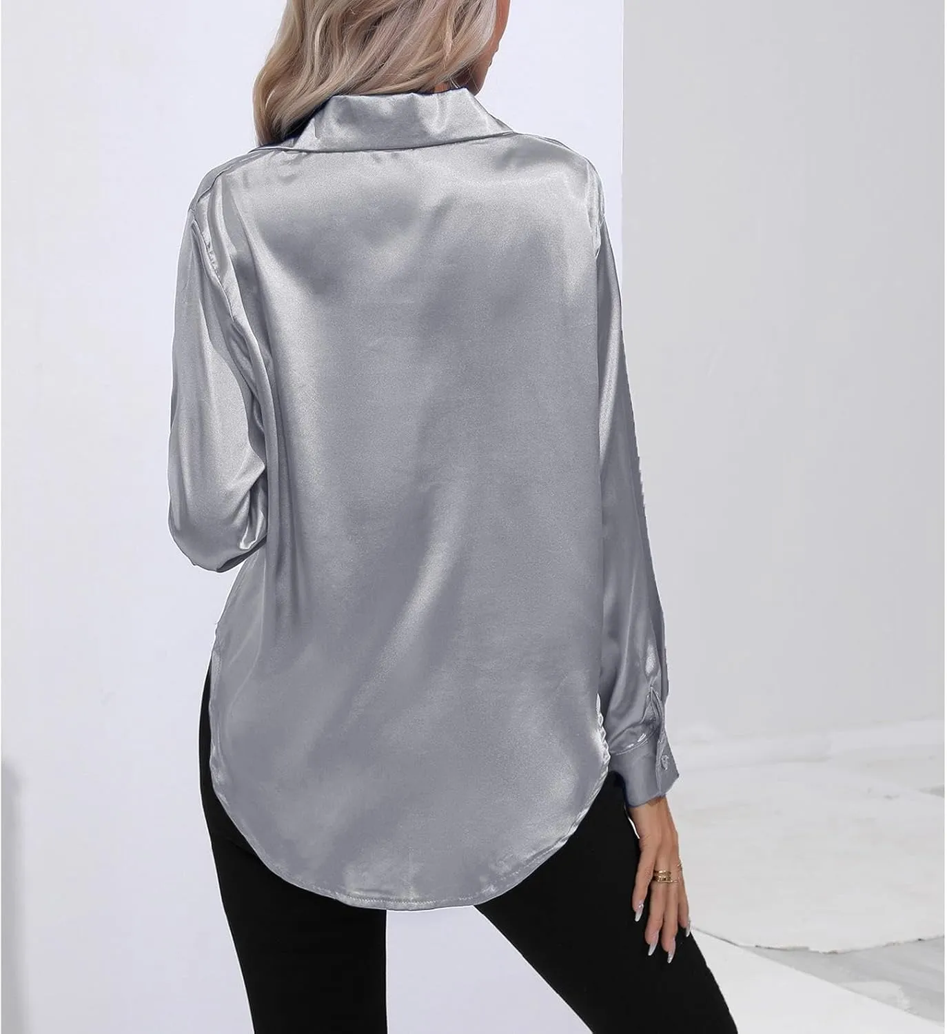 Soft Satin Silk Button Down Shirts for Women Silky Long Sleeve Work Shirt Dress Blouses Tops