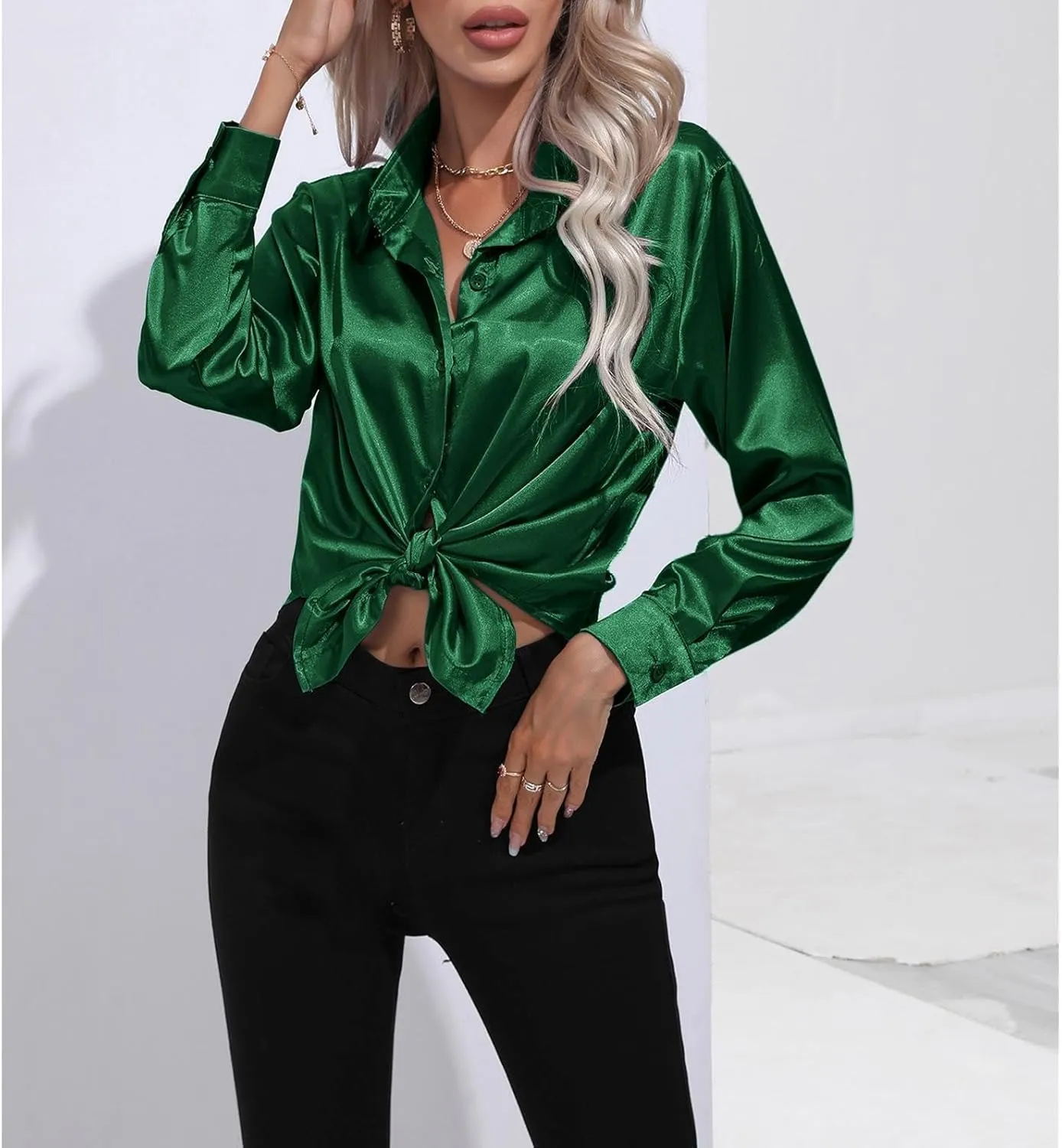 Soft Satin Silk Button Down Shirts for Women Silky Long Sleeve Work Shirt Dress Blouses Tops