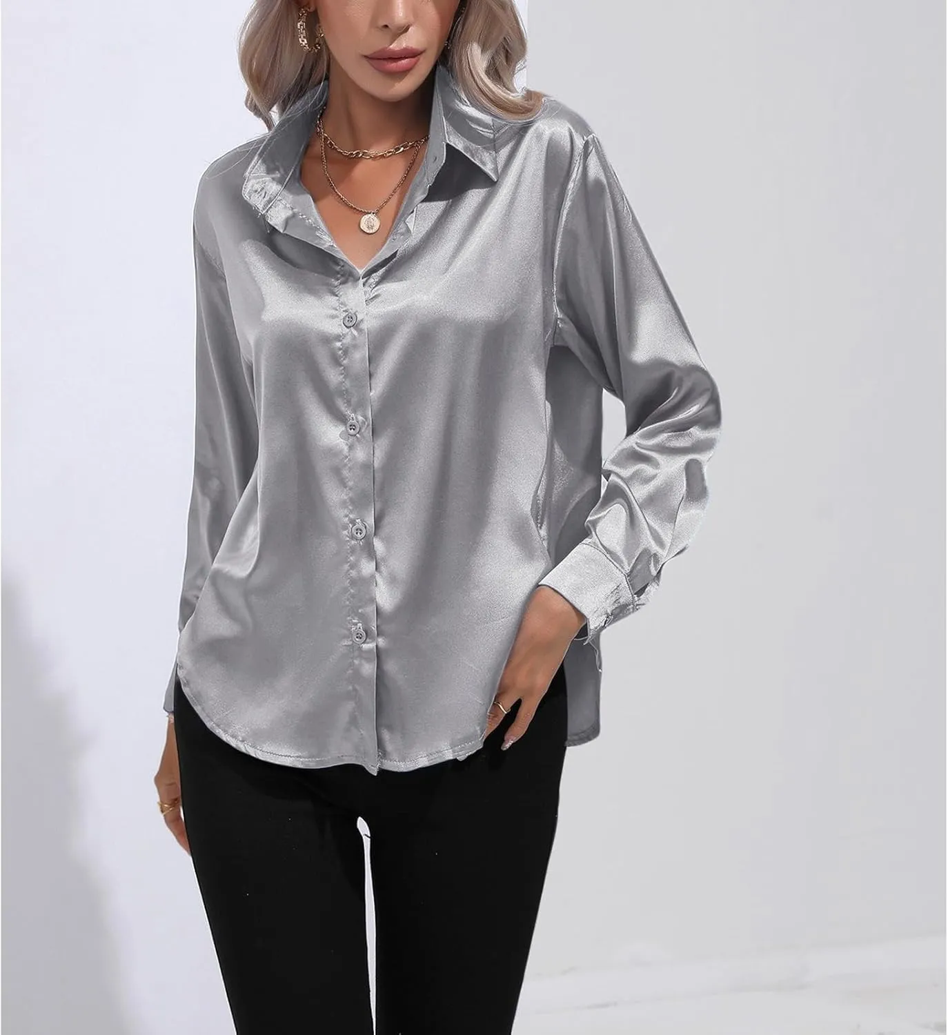 Soft Satin Silk Button Down Shirts for Women Silky Long Sleeve Work Shirt Dress Blouses Tops