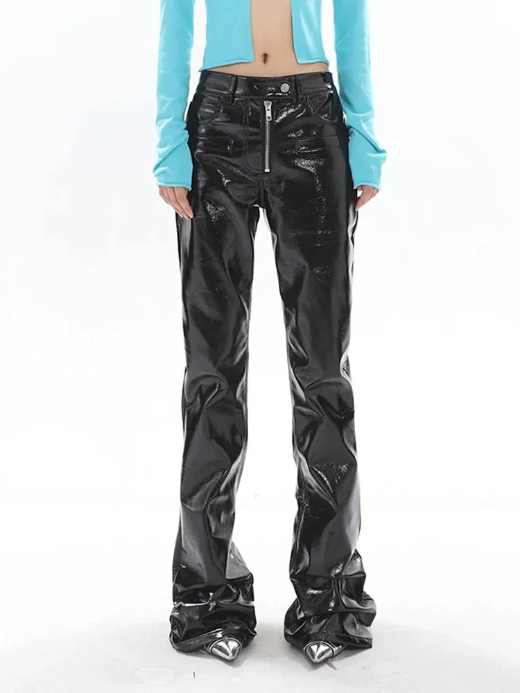 Solid Casual Leather Pants For Women High Waist Spliced Zipper Designer Slimming Flare Pant Female Fashion Clothing