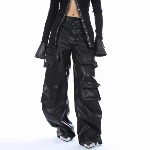 Solid Casual Patchwork Pockets Leather Pants For Women High Waist Spliced Button Wide Leg Pant Female Fashion