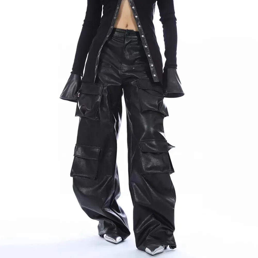 Solid Casual Patchwork Pockets Leather Pants For Women High Waist Spliced Button Wide Leg Pant Female Fashion