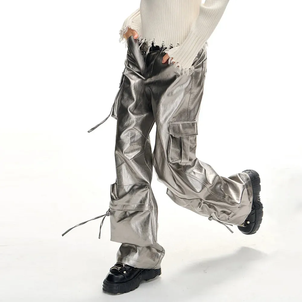 Solid Casual Patchwork Pockets Loose Leather Pants For Women High Waist Spliced Button Wide Leg Cargo Pant Female