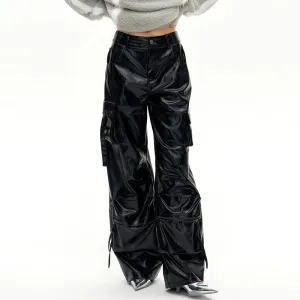 Solid Casual Patchwork Pockets Loose Leather Pants For Women High Waist Spliced Button Wide Leg Cargo Pant Female