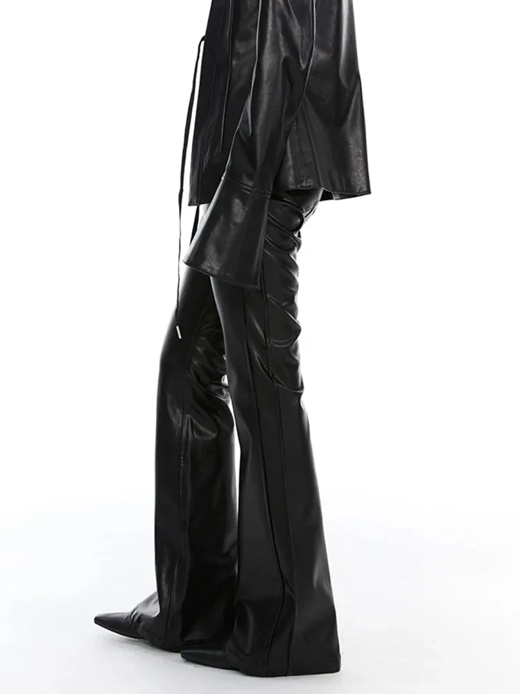 Solid Casual Slimming Leather Pants For Women High Waist Spliced Zipper Flare Pant Female Fashion Clothing