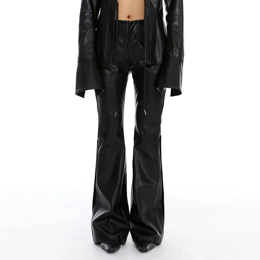 Solid Casual Slimming Leather Pants For Women High Waist Spliced Zipper Flare Pant Female Fashion Clothing