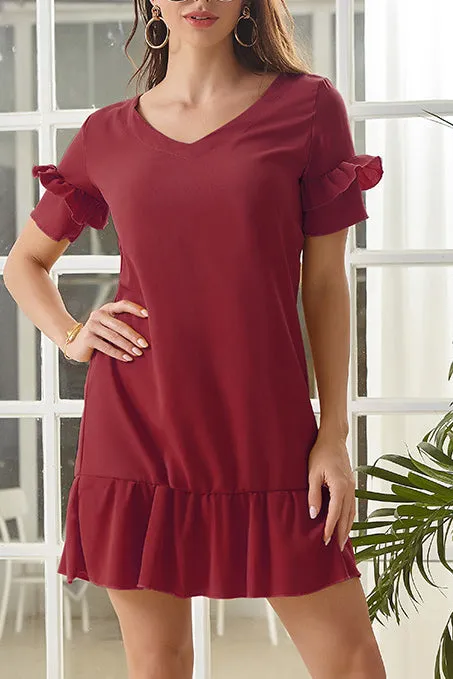 Solid Ruffled Trim Chiffon Dress