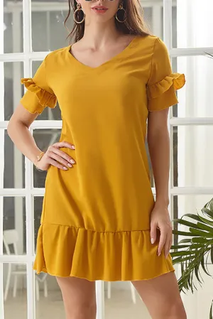 Solid Ruffled Trim Chiffon Dress