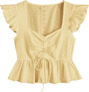 SOLY HUX Women's Ruched Sweetheart Neck Cap Sleeve Ruffle Trim Peplum Crop Blouse Tops