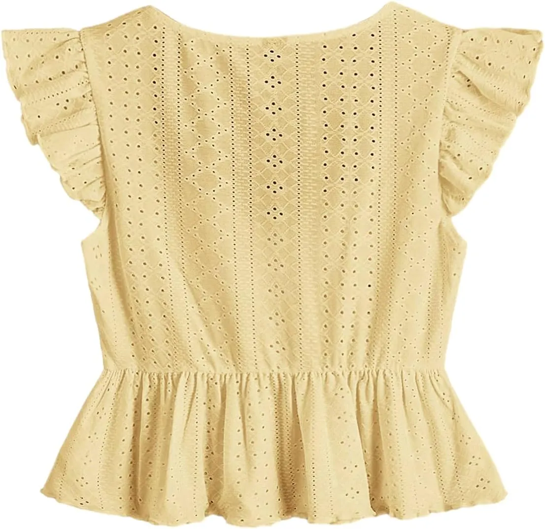 SOLY HUX Women's Ruched Sweetheart Neck Cap Sleeve Ruffle Trim Peplum Crop Blouse Tops