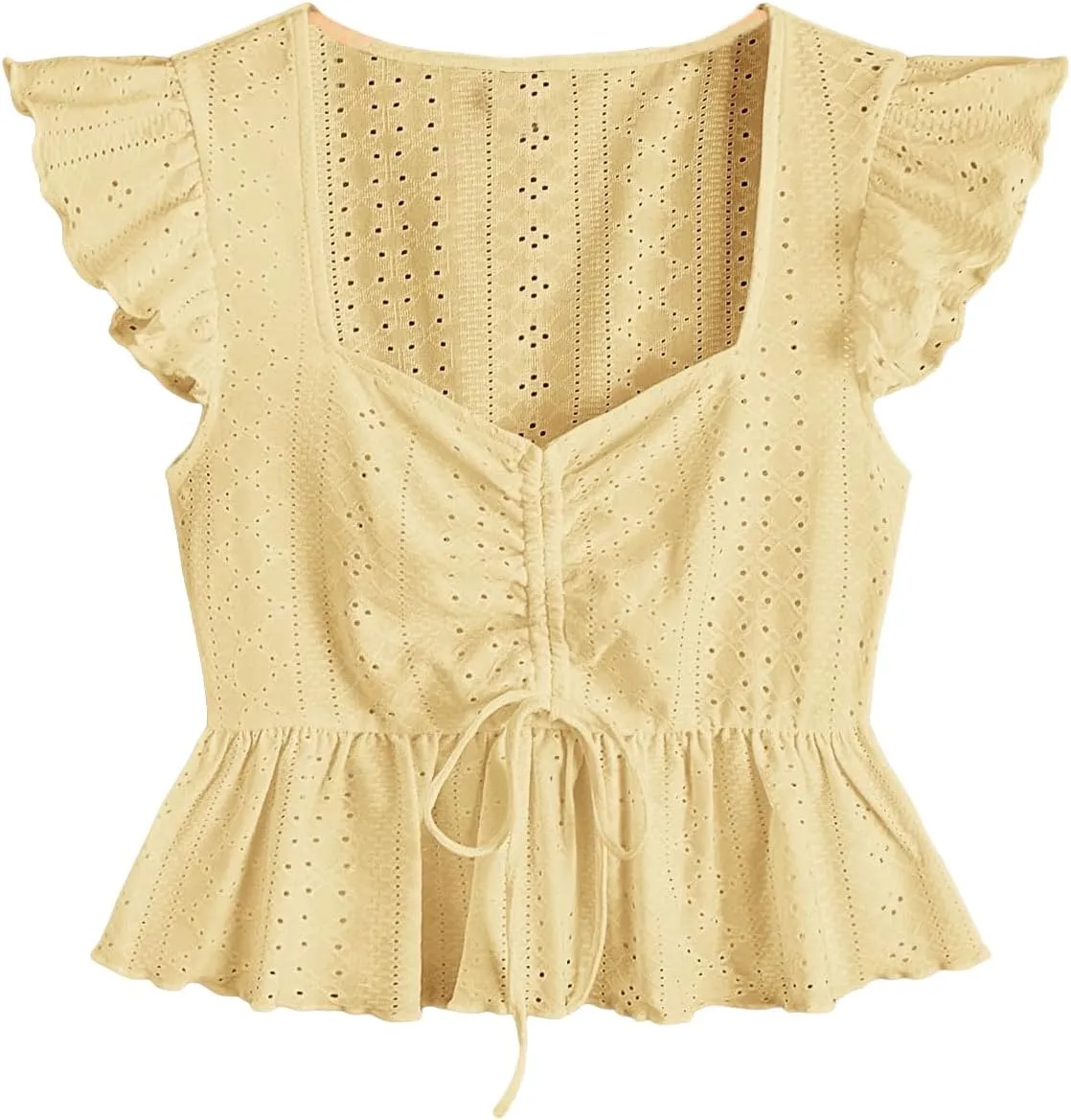 SOLY HUX Women's Ruched Sweetheart Neck Cap Sleeve Ruffle Trim Peplum Crop Blouse Tops