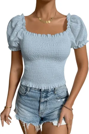 SOLY HUX Women's Square Neck Puff Short Sleeve Frill Shirred Smocked Crop Tops Blouse