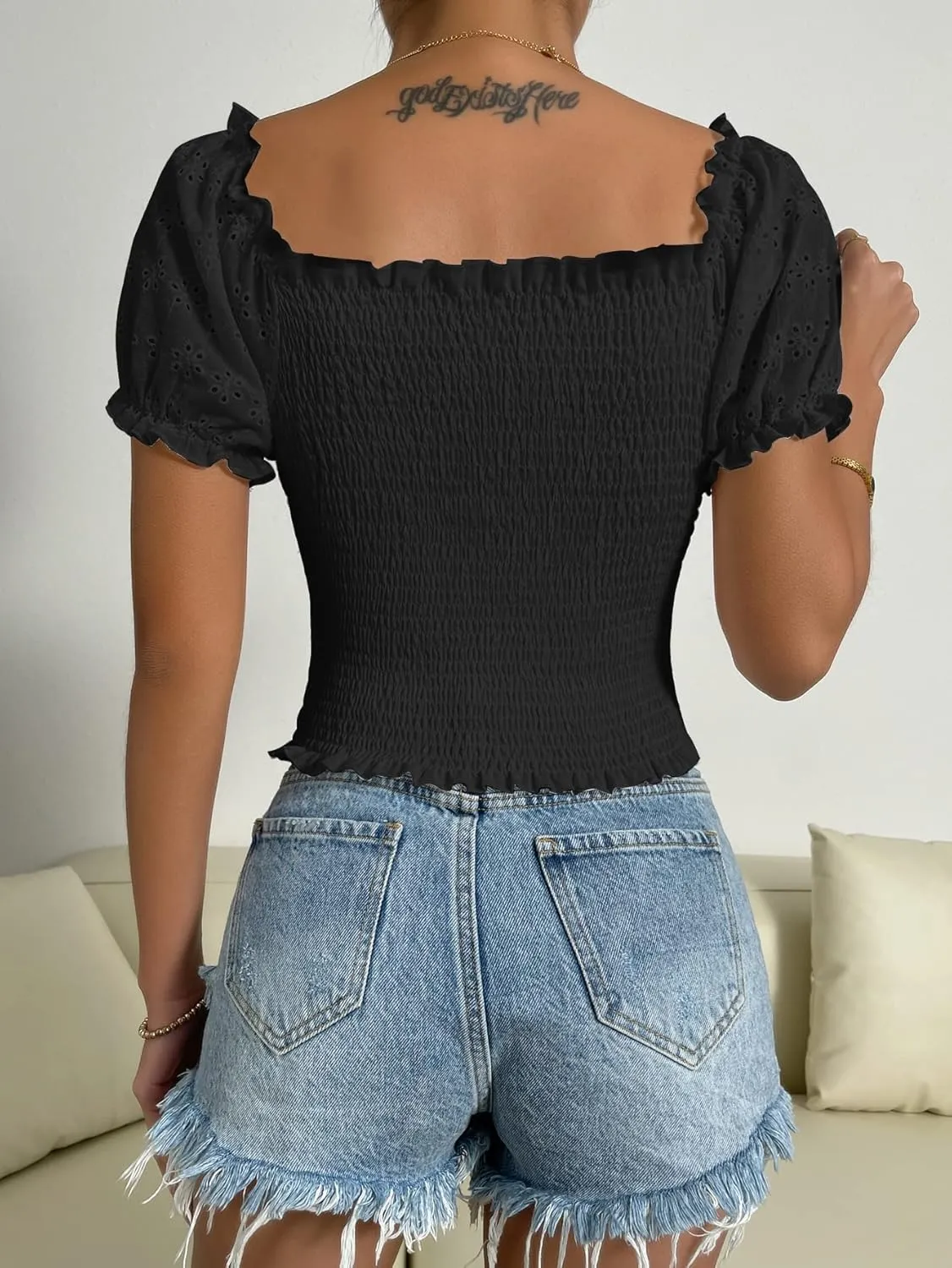 SOLY HUX Women's Square Neck Puff Short Sleeve Frill Shirred Smocked Crop Tops Blouse
