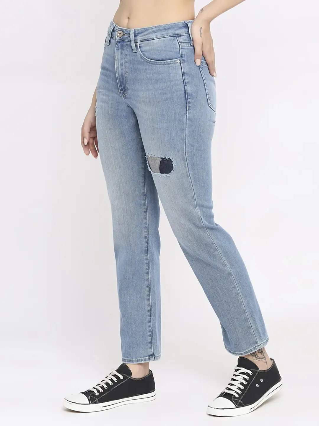 Spykar Women Light Blue Lycra Slim Straigth Fit - Highly Distressed Mid Rise Jeans-(Emma)