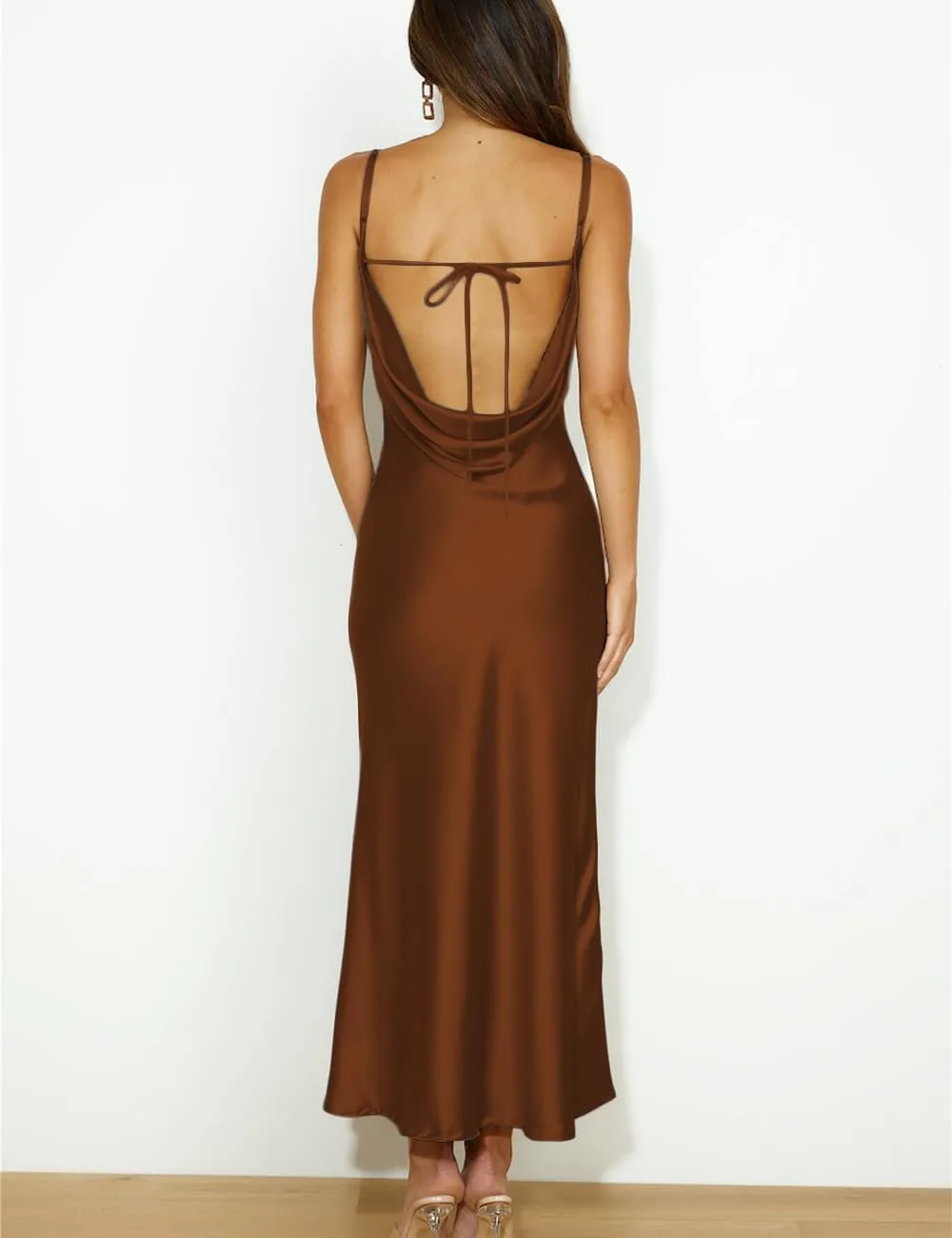 Summer Satin Spaghetti Strap Cowl Neck Backless Midi Dresses for Women Elegant Tie Low Back Ruched Cocktail Dress