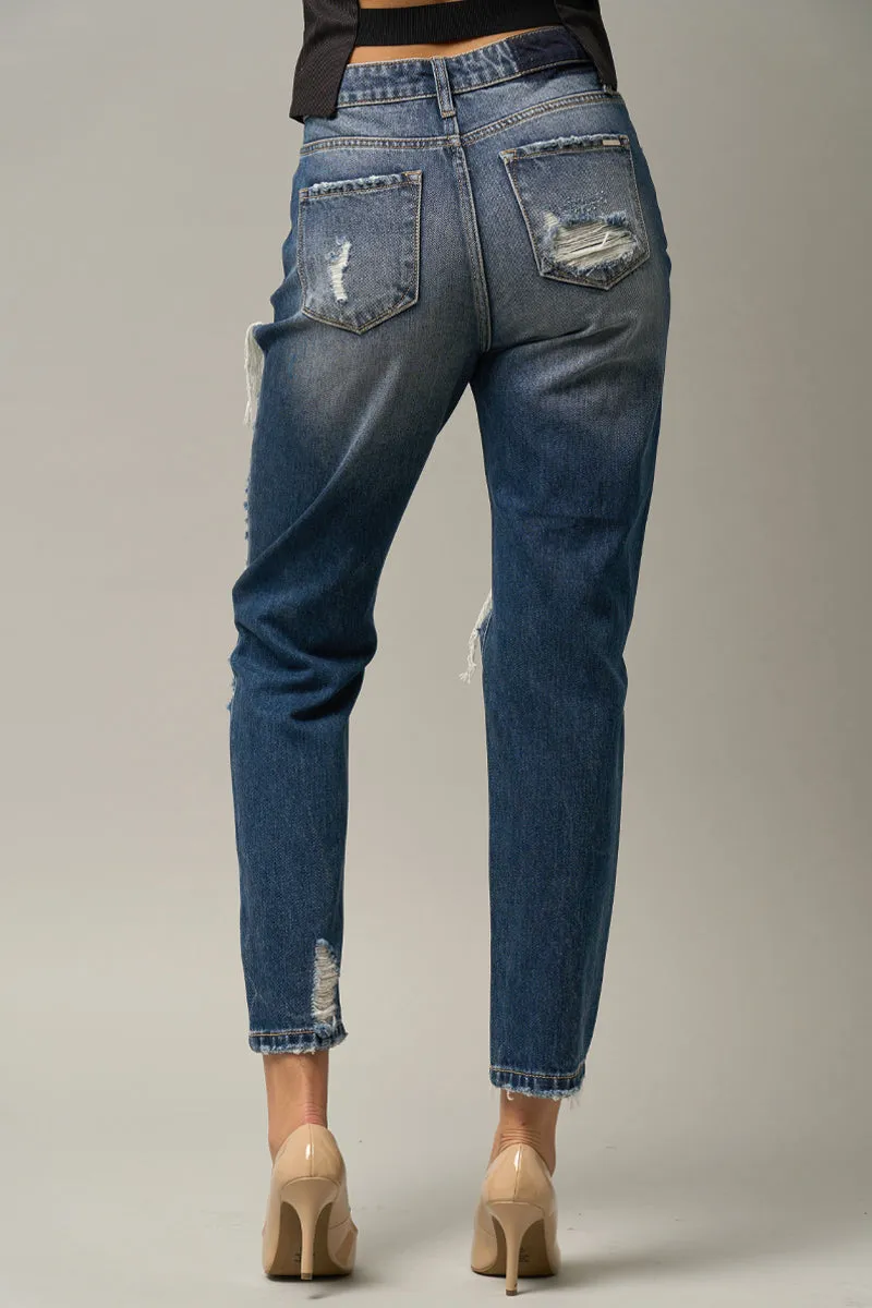 Supper Cute High Waist Straight Heavy Destroyed Jeans