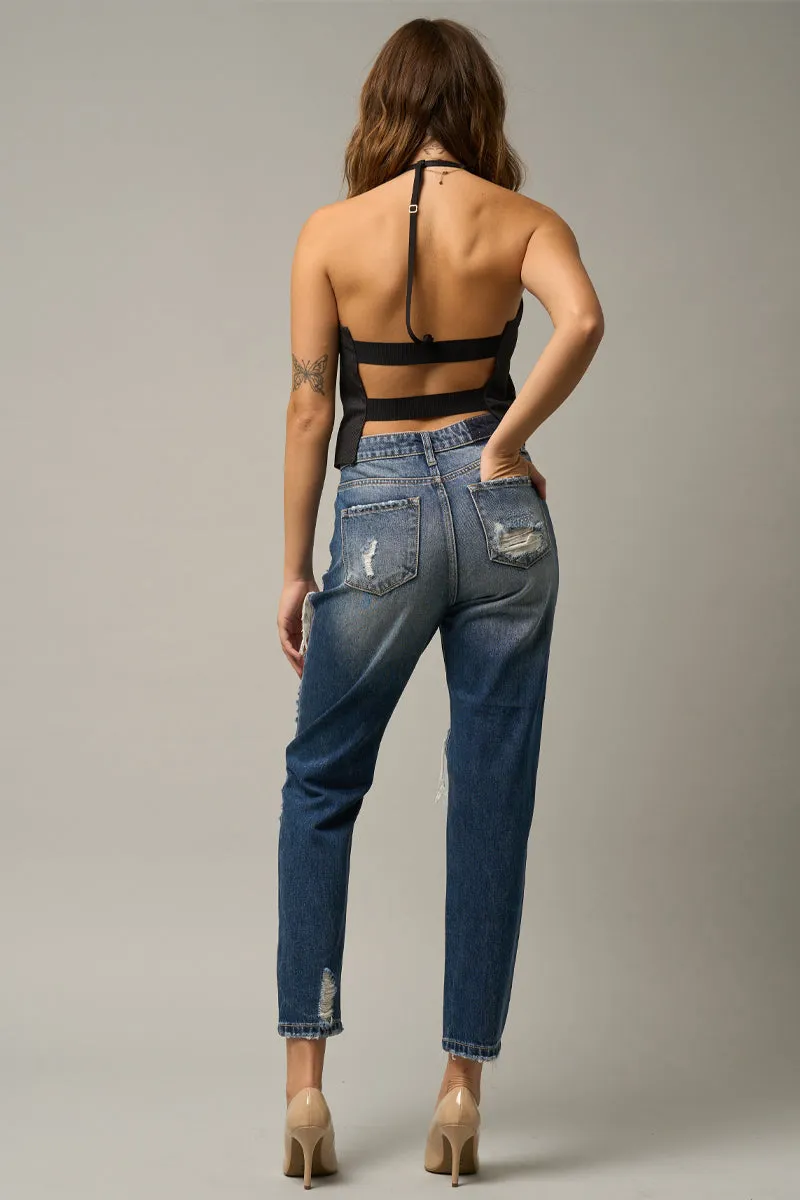 Supper Cute High Waist Straight Heavy Destroyed Jeans