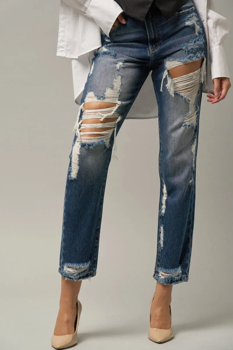 Supper Cute High Waist Straight Heavy Destroyed Jeans