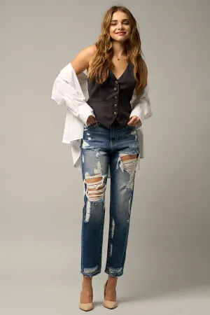 Supper Cute High Waist Straight Heavy Destroyed Jeans
