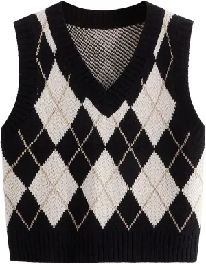 SweatyRocks Women's Plaid Geo Sleeveless V Neck Knit Crop Top Sweater Vest