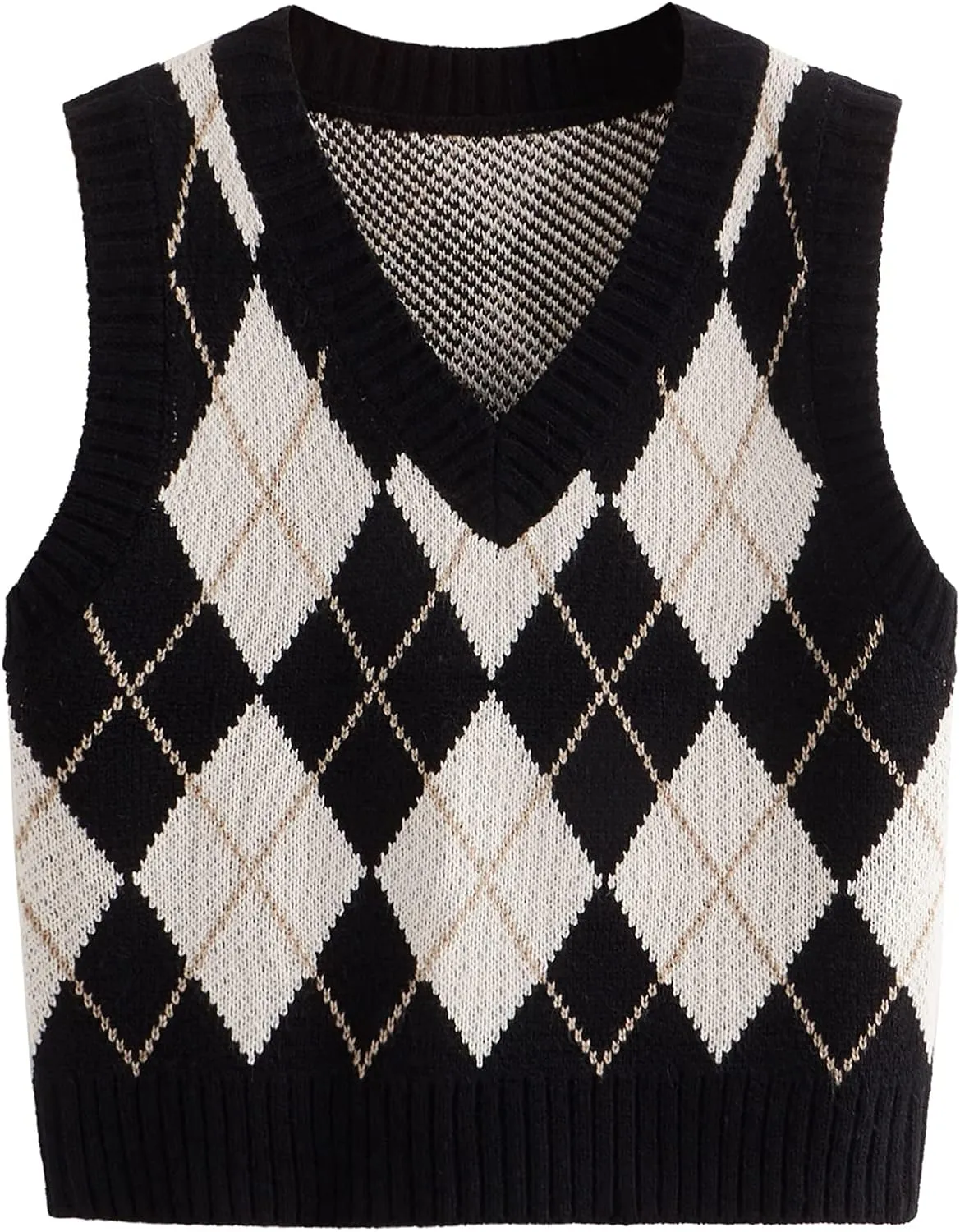 SweatyRocks Women's Plaid Geo Sleeveless V Neck Knit Crop Top Sweater Vest