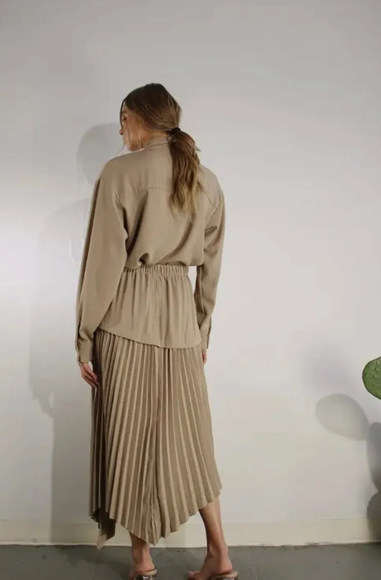 Taupe Tie Neck Shirt & Pleated Skirt Set