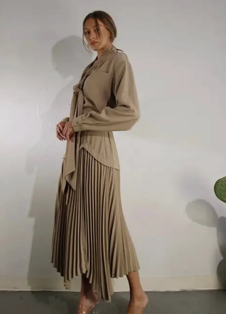 Taupe Tie Neck Shirt & Pleated Skirt Set