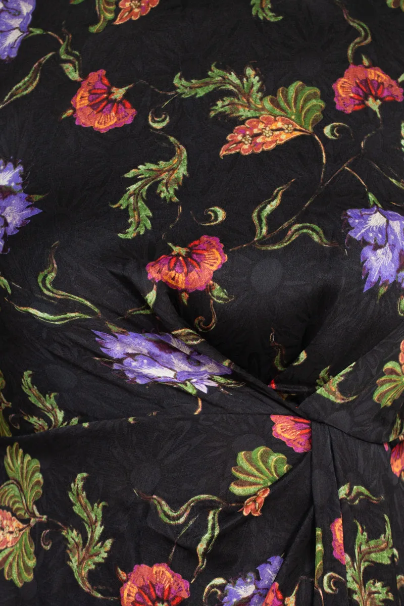 Taylor high neck long sleeve pleated side floral print chiffon crepe dress