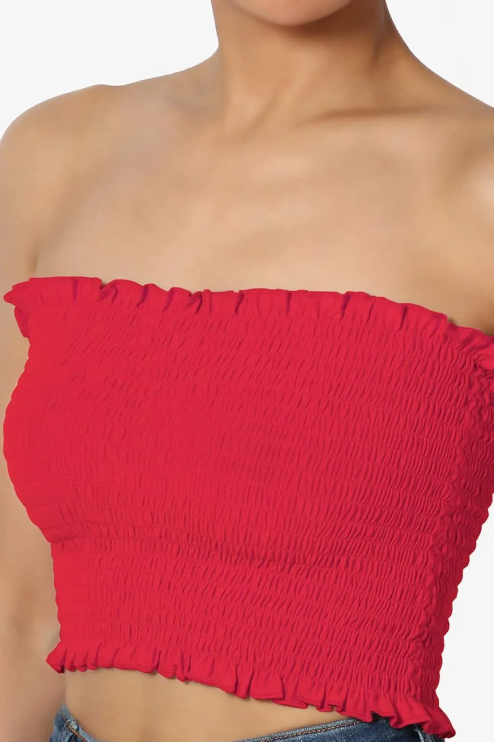 TheMogan Strapless Smocked Crop Tube Top Frill Shirred Stretch Bustier Bandeau